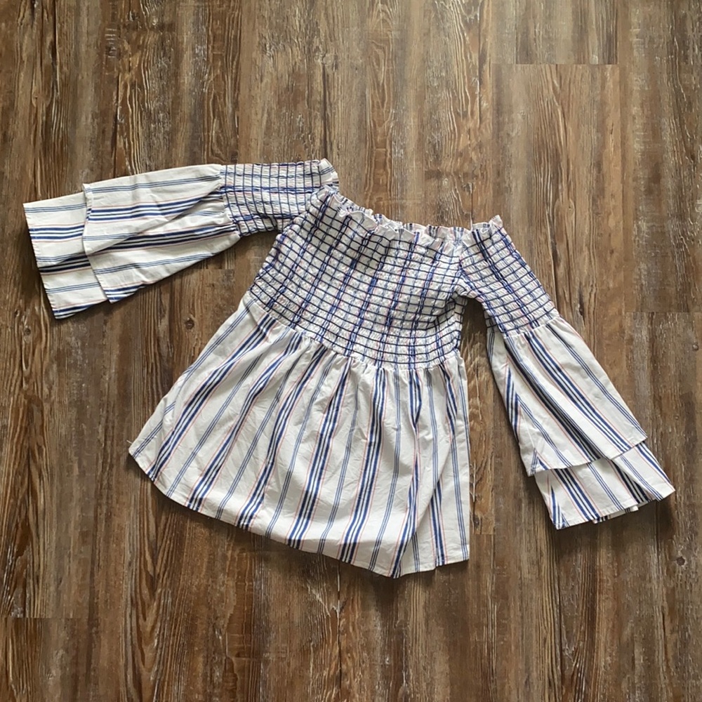 Belle + Sky White Striped Off the Shoulder Smocked Long Bell Wide Sleeve Top